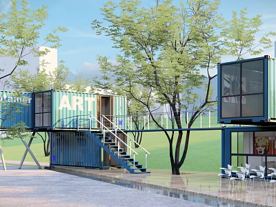 ART Themed Container Building With Staircase And Outdoor Green Trees 3d model