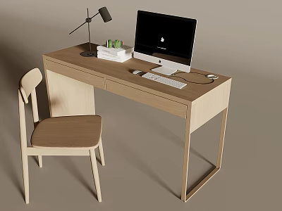 Minimalist Wooden Desk and Chair Set With Computer Lamp Books and Small Plant 3d model
