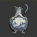 Blue And White Carved Ceramic Pitcher With Landscape Patterns Decorative Handle And Ornate Base