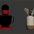 Red Base Black Stand Mixer and Beige Brown Vase with Kitchen Utensils