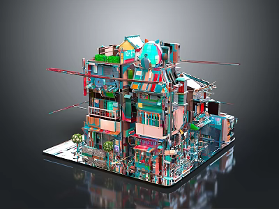 Vibrant Cartoon Scene With Colorful Multi story Buildings Balconies And Green Plants 3d model