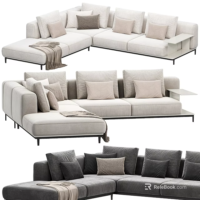 L shaped Sectional Sofa with Light Gray Fabric Multiple Cushions and Throw Blanket 3d model