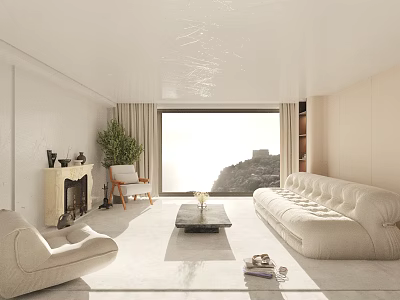 Modern Living Room Interior With Large Window Sea View Beige Sofa Armchair Fireplace And Green Plant 3d model