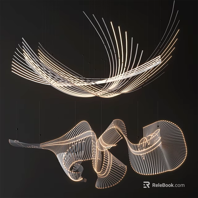 Sleek Modern Chandelier with Artistic Flowing Curved Illuminated Lines for Interior Decor 3d model 