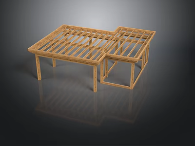 Bamboo Frame Structure With Two Connected Rectangular Frames Supporting Legs On Black Background With Reflection 3d model