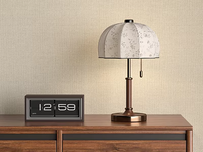 Fabric Lampshade Table Lamp with Brass Base on Wooden Cabinet Beige Wall Digital Clock 3d model