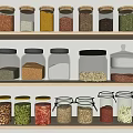Organized Colorful Glass Spice Jars With Various Seasonings On Kitchen Shelves