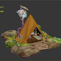 Cartoon Scene Featuring Orange Tent With Smoking Chimney Green Plants Rocks And Wooden Pathway