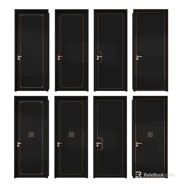 Modern Black Hinged Doors Featuring Brass Handles And Sleek Design 3d model 