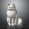 White Long Haired Cat With Bright Yellow Eyes Sitting On Black Reflective Surface 3d model