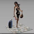 Elegant Woman In Beige Dress Holding Brown Handbag Near Blue Suitcase On Geometric Patterned Carpet