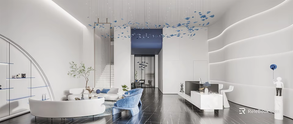 Elegant Modern Reception Area Interior With White Desk Blue Sofa And Decorative Lighting 3d model 