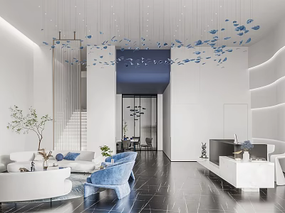 Elegant Modern Reception Area Interior With White Desk Blue Sofa And Decorative Lighting 3d model
