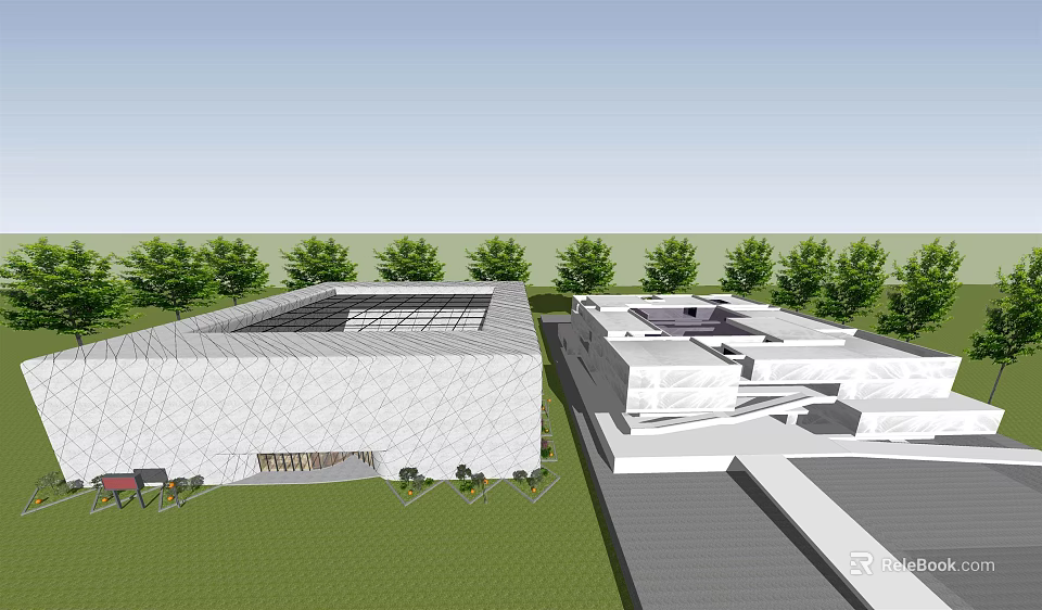 Modern Museum Building With Geometric Facade Glass Skylight And Green Surroundings 3d model 