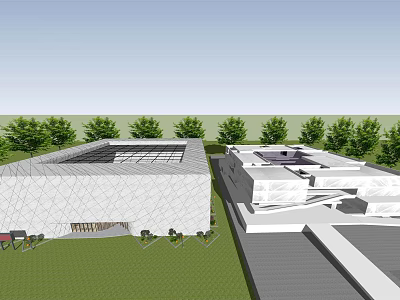 Modern Museum Building With Geometric Facade Glass Skylight And Green Surroundings 3d model