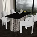 Modern Dining Table Set With Black Top Striped Base Cream White Chairs And Mountain View