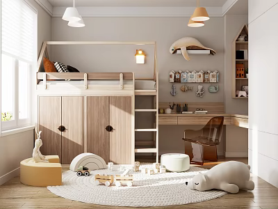 Kids Room Interior Design With Bunk Bed Wardrobe Desk Chair Toys And Stuffed Animals Rug 3d model