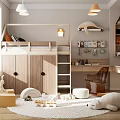 Kids Room Interior Design With Bunk Bed Wardrobe Desk Chair Toys And Stuffed Animals Rug