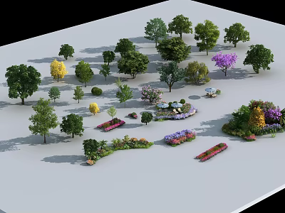 Various Trees With Green Yellow Purple Foliage And Shrubs In Garden Landscape Design 3d model