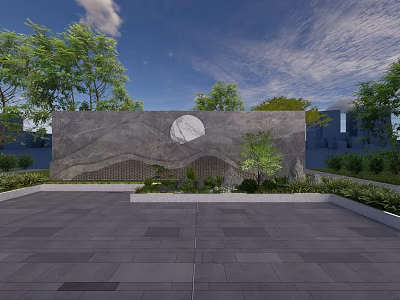 Natural Stone Feature Wall with Circular Design Surrounded by Trees and Paved Plaza under Blue Sky 3d model