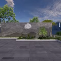 Natural Stone Feature Wall with Circular Design Surrounded by Trees and Paved Plaza under Blue Sky
