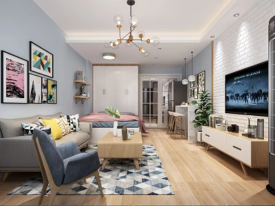 Modern Apartment Interior with Light Blue Walls Gray Sofa Wooden Coffee Table and Geometric Rug 3d model