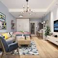 Modern Apartment Interior with Light Blue Walls Gray Sofa Wooden Coffee Table and Geometric Rug