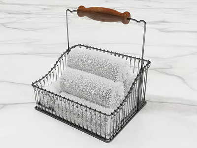 White Towels Neatly Stored in Metal Basket With Wooden Handle on Marble Countertop 3d model