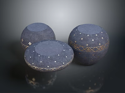 Three Round Blue Bean Bag Chairs With White Star Patterns And Golden Geometric Trim 3d model