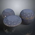 Three Round Blue Bean Bag Chairs With White Star Patterns And Golden Geometric Trim