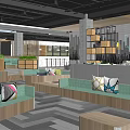 Public Office Space Open Layout With Wooden Ceiling Pendant Lights Green Plants And Bar Counter