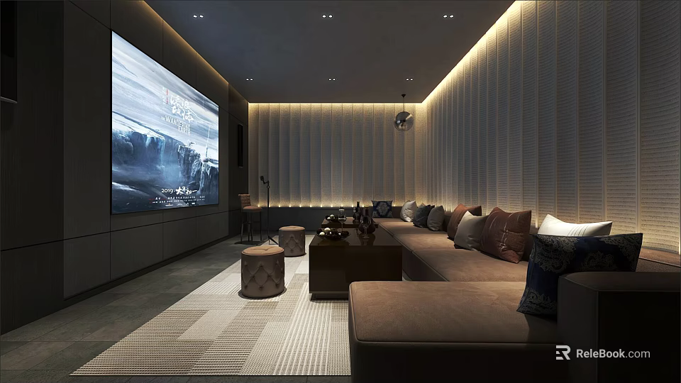 Modern KTV Lounge Interior With Large Screen Comfortable Seating And Ambient Lighting 3d model 