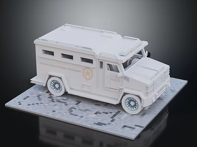 White Electric Toy Armored Vehicle Style Car Model With Blue Wheels On Gray Textured Platform 3d model