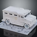 White Electric Toy Armored Vehicle Style Car Model With Blue Wheels On Gray Textured Platform