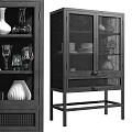Modern Black Sideboard With Rattan Doors Glass Shelves And Decorative Vases Plates