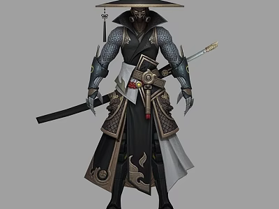 Man in Black and Gold Samurai Armor With Conical Hat and Katana Sword 3d model