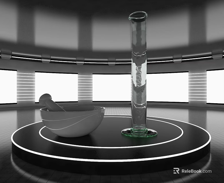 Modern Display Shelf With Black Circular Stand White Bowl Transparent Glass Column And LED Lights 3d model 