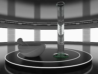 Modern Display Shelf With Black Circular Stand White Bowl Transparent Glass Column And LED Lights 3d model