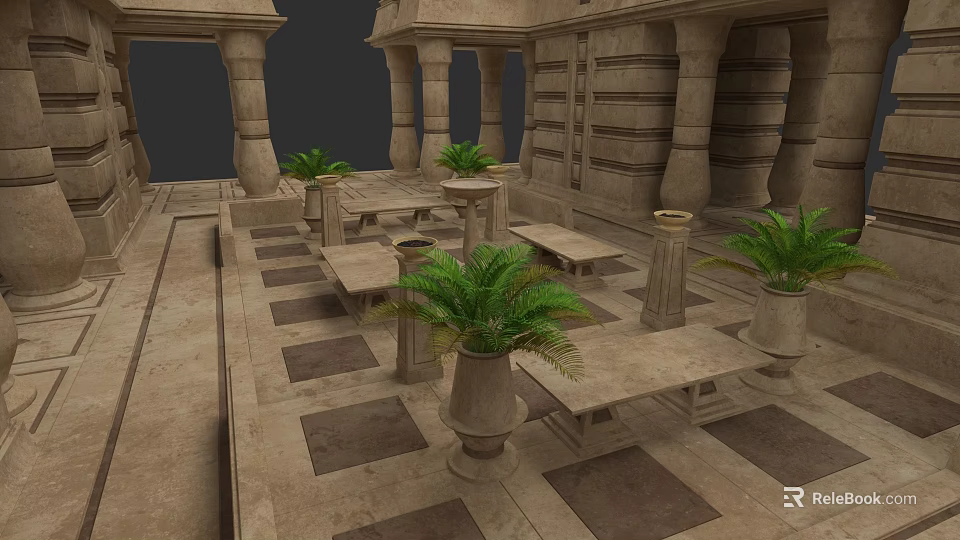 Ancient Architecture Interior Showcasing Stone Pillars Tables Benches Potted Plants And Patterned Stone Floor 3d model 
