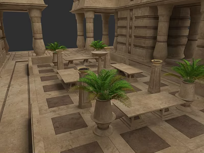 Ancient Architecture Interior Showcasing Stone Pillars Tables Benches Potted Plants And Patterned Stone Floor 3d model