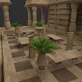 Ancient Architecture Interior Showcasing Stone Pillars Tables Benches Potted Plants And Patterned Stone Floor