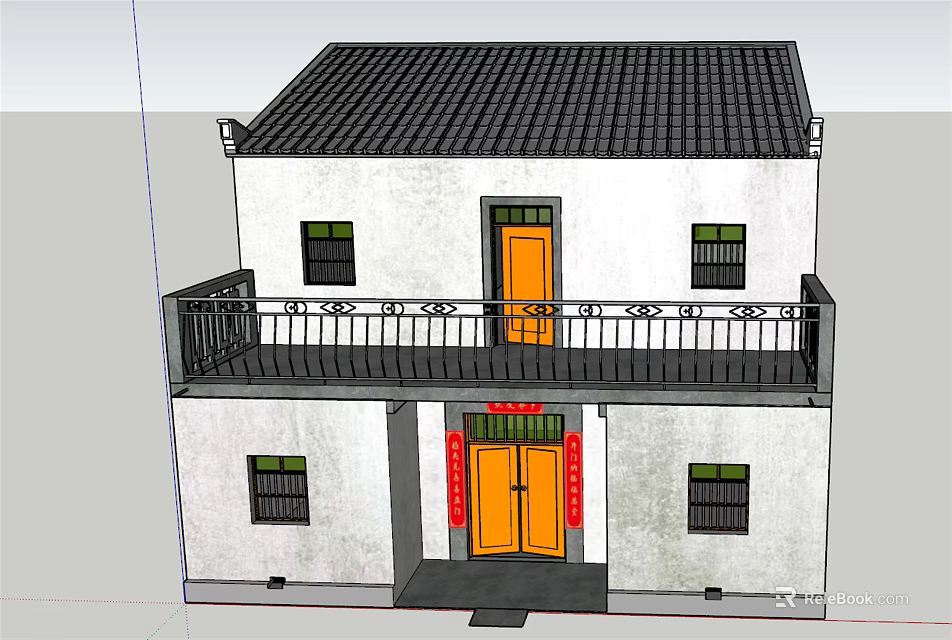 Traditional Chinese Two Story Building With White Walls Black Tiled Roof Balcony And Red Couplets 3d model 