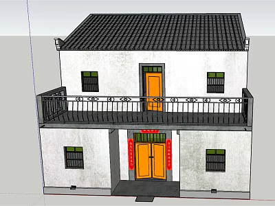 Traditional Chinese Two Story Building With White Walls Black Tiled Roof Balcony And Red Couplets 3d model