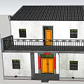 Traditional Chinese Two Story Building With White Walls Black Tiled Roof Balcony And Red Couplets