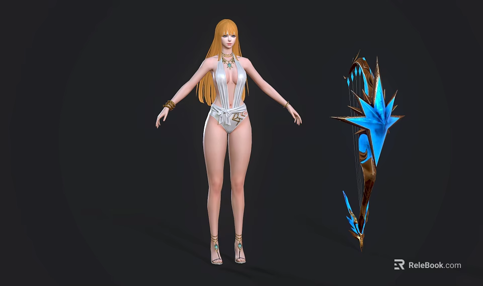Game And Movie Female Character With Long Golden Hair White Bodysuit And Blue Glowing Weapon 3d model 