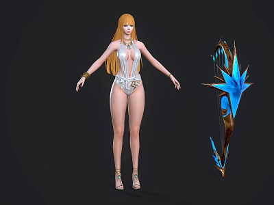 Game And Movie Female Character With Long Golden Hair White Bodysuit And Blue Glowing Weapon 3d model
