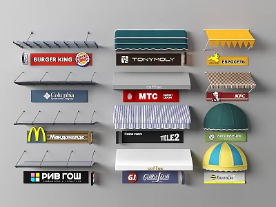 Commercial Awnings With Various Branded Logos And Colorful Designs For Businesses 3d model