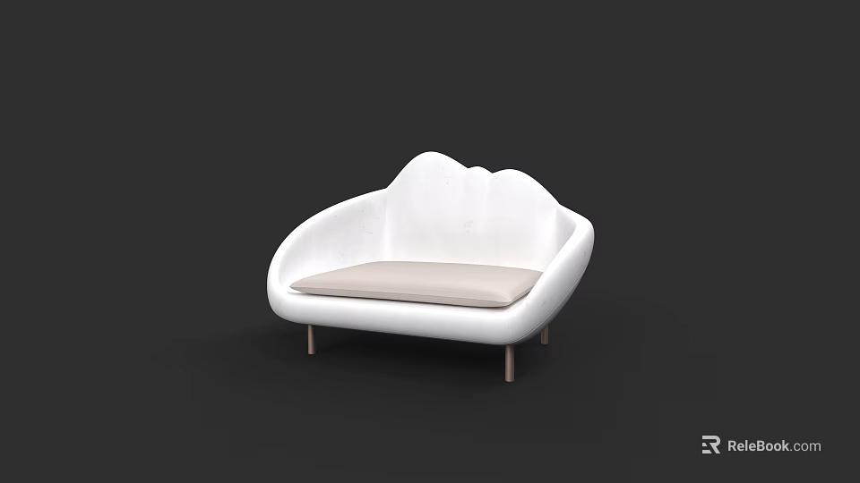 White Cloud Shaped Two Seater Sofa With Light Colored Cushion And Wooden Legs 3d model 