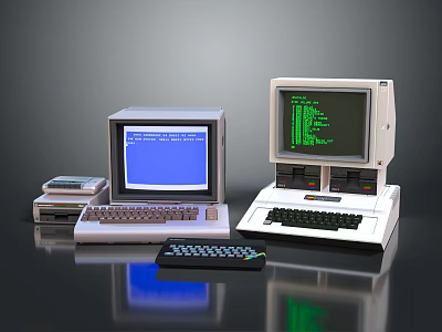 Vintage Computers Retro Desktop Systems With CRT Monitors Keyboards On Reflective Surface And Classic Screens 3d model