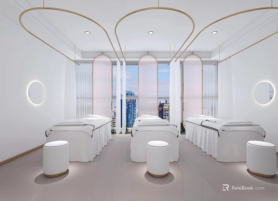 Modern Beauty Salon Interior With Elegant Treatment Beds White Stools And City View Windows 3d model 